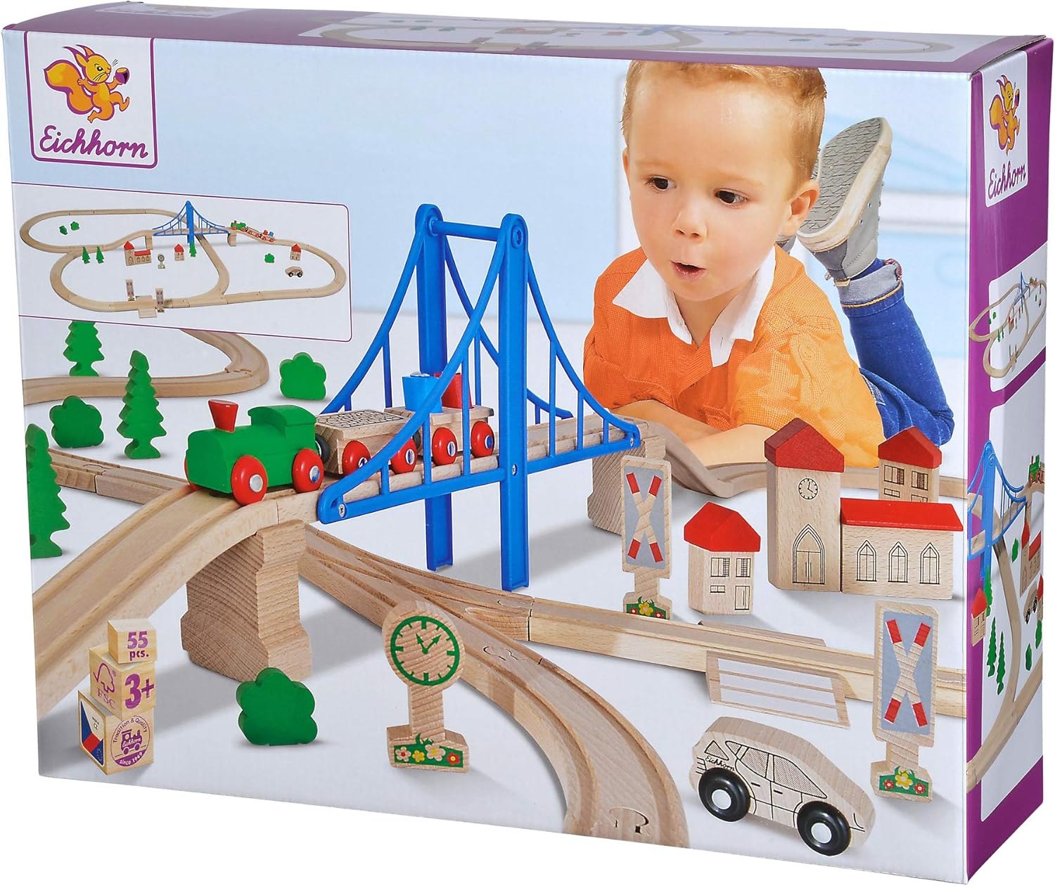 Eichhorn Bahnset mit Brücke — 55-teilig, FSC-Buchenholz